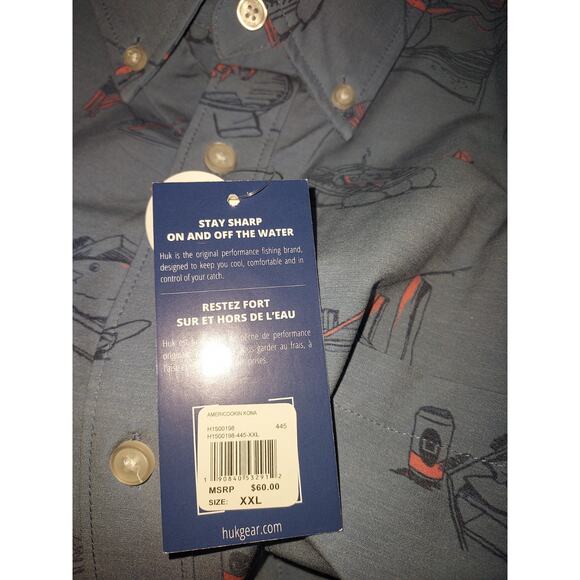 HUK Men's Fishing Shirt 2XL Short Sleeve Button Down Americookin Kona Blue - Picture 13 of 13